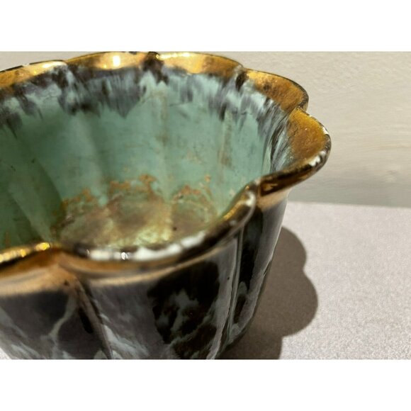 Vintage Fohr Ceramic GERMANY Green Gold Glazed drip bowl 7" - Picture 4 of 13
